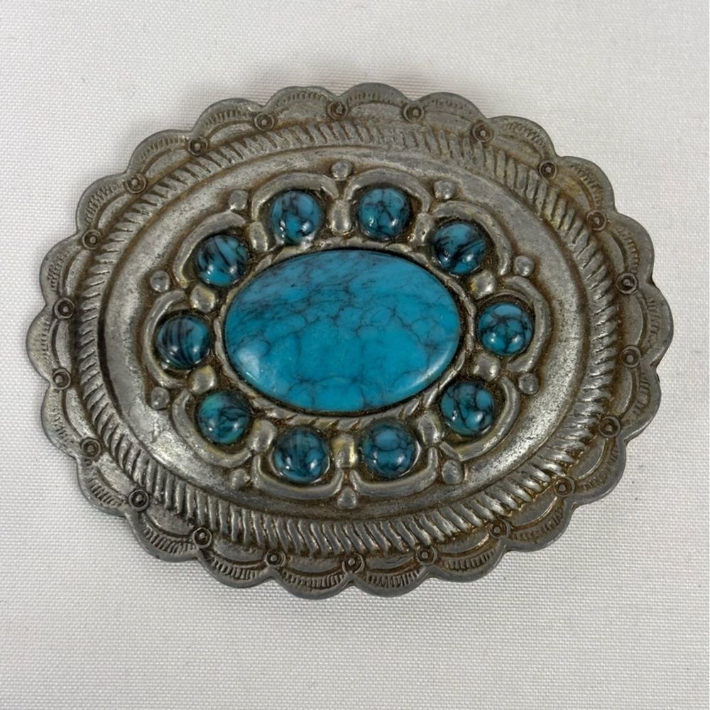 Vintage Belt Buckle Faux Turquoise Western Southwestern Boho Silver Metal Oval
