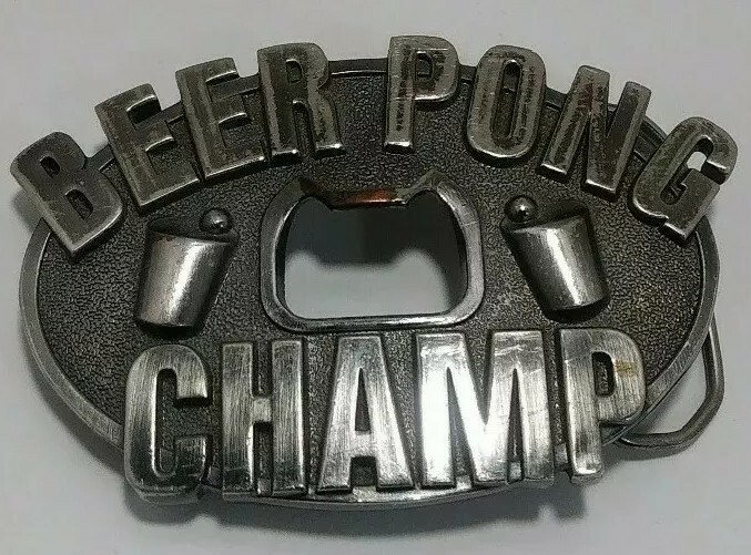 Beer Pong Champ Belt Buckle Bottle Opener Heavy Silvertone Metal Cup Ball Design