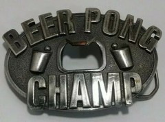 Beer Pong Champ Belt Buckle Bottle Opener Heavy Silvertone Metal Cup Ball Design