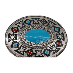 New Men Silver Metal Buckle Native Ethnic Aztec Style Oval Turquoise Blue Color