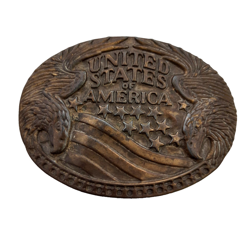 Vtg United States of America Belt Buckle 2 Eagles Bracketing Stars and Stripes