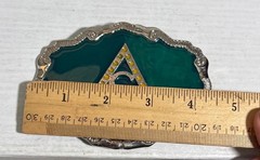 Belt Buckle Green Enamel & Yellow Accents Triangle with « S » Vintage Silver Toned