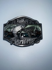 I&rsquo;d Rather Be Fishing Belt Buckle Antique Silver Enamel Inlay Fits 1.5&Prime; Belts