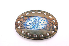 Western Tooled Leather Belt Buckle Brown Blue Ombre Floral Silver Ribbon Vintage