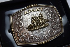 Ariat Western Belt Buckle Filigree Logo Team Roper Silver tone A37064