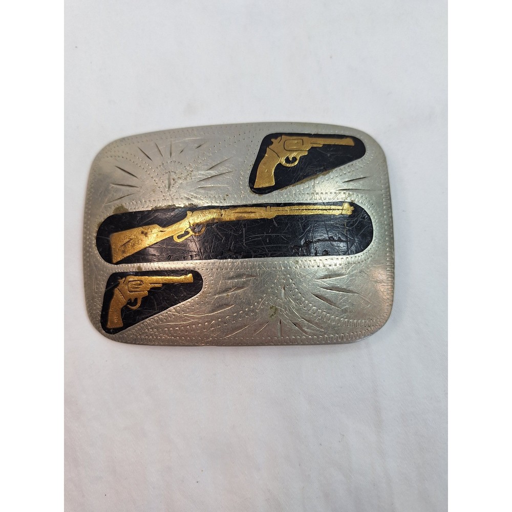 Vintage Western Belt Buckle Silver Gold Tone Rifle Revolver Three Gun Design