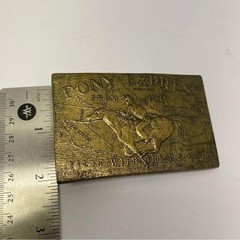 Vintage Pony Express Belt Buckle Mens OS Gold Brass Western Rider 1849 Map