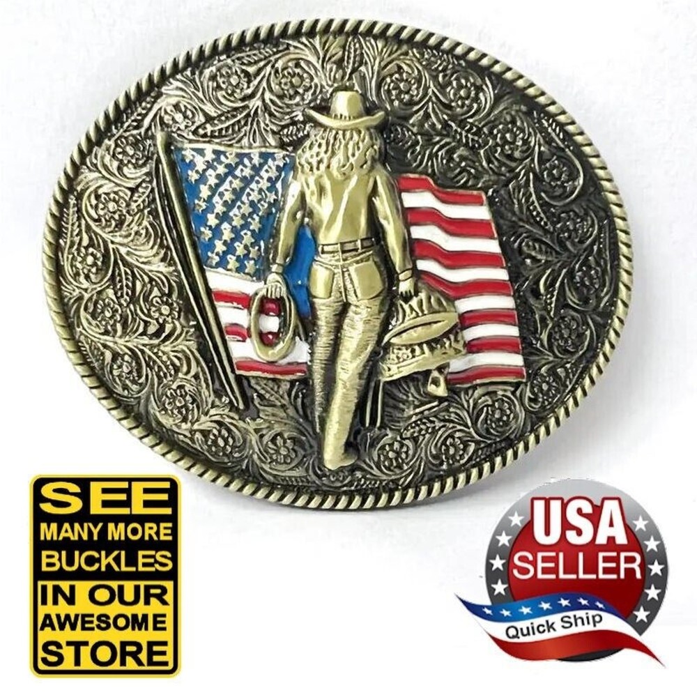 Western Cowgirl Rodeo Roper Bronze Tone Cowboy Belt Buckle • American Flag