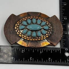 Western Belt Buckle Copper Silver Tone Faux Turquoise Southwestern Mixed Metal