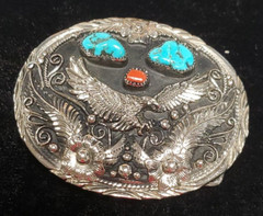 SILVER RED & BLUE TORQUIOSE BELT BACKLE EAGLE S.S.I. NICE!