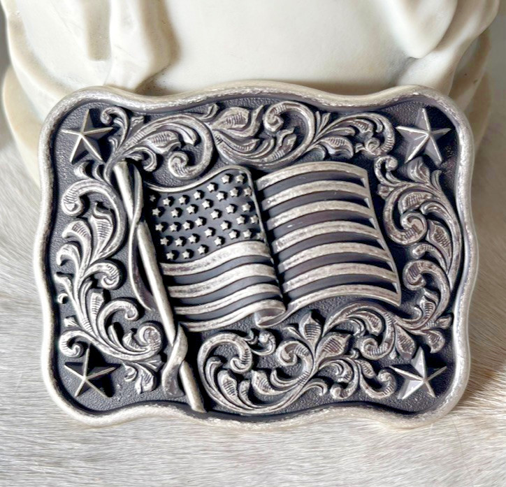 Nocona Mens Belt Buckle 3.75 x 3 in US Flag Star Western Matte Black Silver 1.5