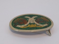 Aztec Mayan 2 God Head ~ BELT BUCKLE – Turquoise Silver Gold Mexico Vintage