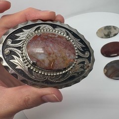 Western Interchangeable Stone Belt Buckle Silver Tone Agate Jasper 3.5in