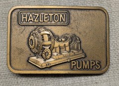 vintage HAZELTON PUMPS belt buckle SOLID BRASS western MINING oil industrial