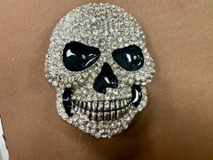 Creepy Skull Grinning Teeth Black Enamel Clear Rhinestone Covered Belt Buckle