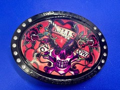 Ed Hardy Love Kills Slowly Signature Tattoo Skull with Rhinestones Belt Buckle