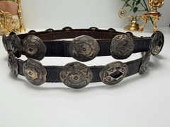 Vintage Native American Sterling Concho Belt Signed Hand Stamped Leather Long