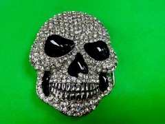 Creepy Skull Grinning Teeth Black Enamel Clear Rhinestone Covered Belt Buckle