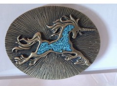 VINTAGE- BRASS ?TURQUOISE INLAY UNICORN BELT BUCKLE/RARE HALLMARK/GUCCi?/UNISEX