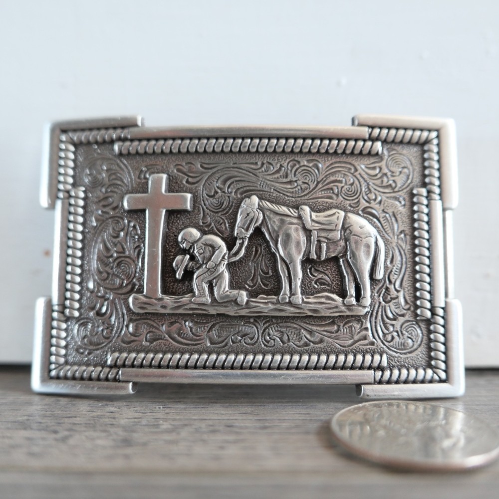 Belt Buckle Praying Cowboy Kneeling at Cross Western by 3D !!! Silver Tone