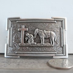Belt Buckle Praying Cowboy Kneeling at Cross Western by 3D !!! Silver Tone