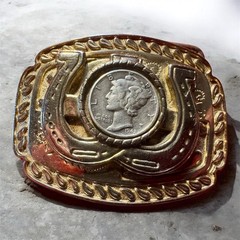 Western Horseshoe Frame Belt Buckle w/ 1942 Mercury Dime Coin, 2 inches