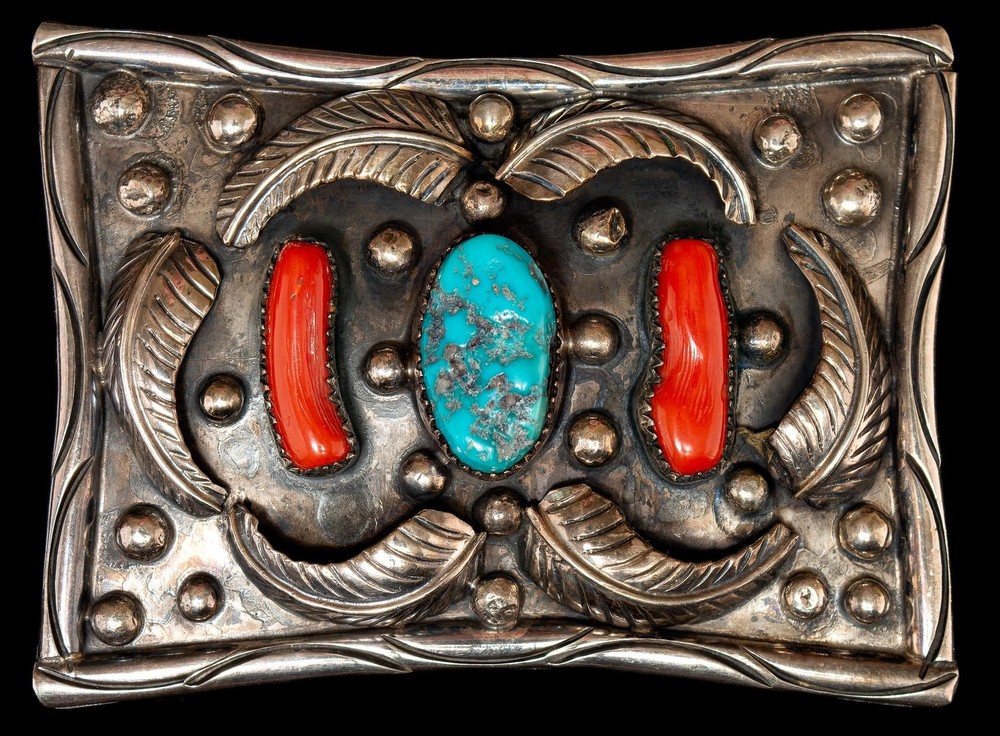 Sterling Silver Buckle Navajo W. Yazzie Turquoise Coral Eagle Vintage