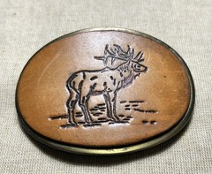 Vintage Elk Leather Belt Buckle Western Wildlife Oval Brown Brass USA