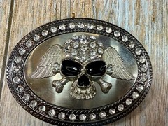 Skull Wings Crossbones with Clear Rhinestone Halloween Gothic LARGE Belt Buckle