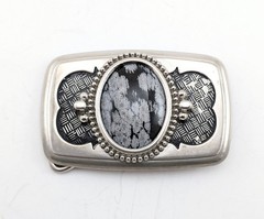 1970s-1980s Vintage Western Belt Buckle with Snowflake Obsidian Stone Cabochon