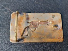 Vintage Western Brass Belt Buckle Embossed Revolver Gun Pistol Solid Bar RARE