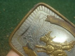Vintage Nickel Silver Western Bull Riding Belt Buckle Silver Gold Floral 4&Prime;x3&Prime;