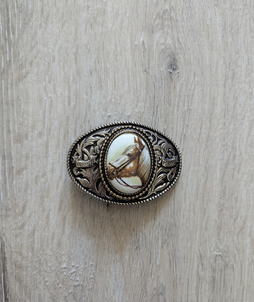 Vintage Perry’s Western Cowboy Belt Buckle Horse Head Rodeo USA Silver Tone