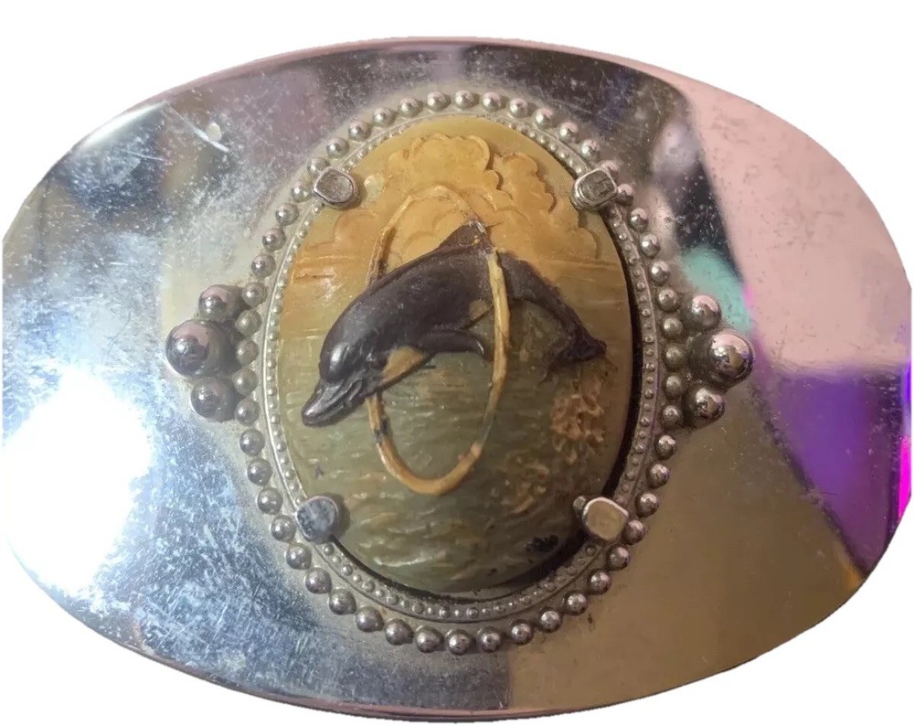 Vintage Nickel Belt Buckle Dolphin Shamu Orca Jumping Through Hoop Hawaii
