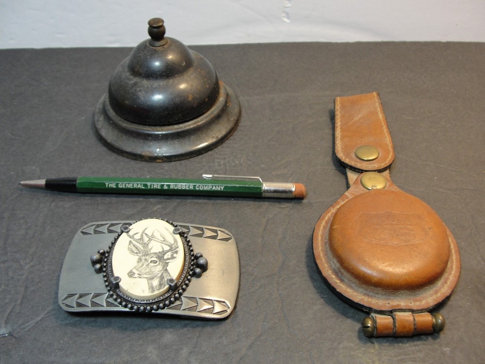 Vintage Deer Belt Buckle General Tire Pencil Route 66 Leather Holder Desk Bell