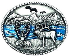 Deer Wildlife Western Blue Enameled Oval Belt Buckle