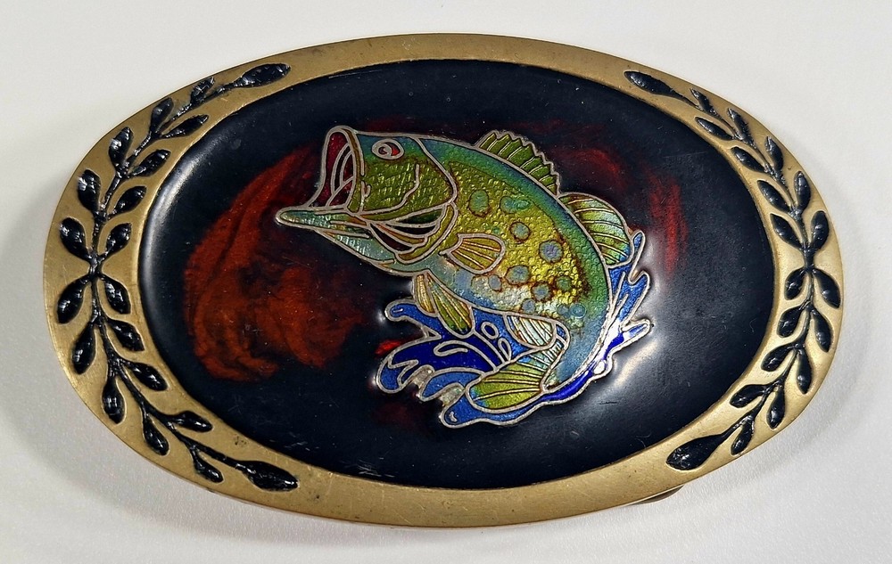 Vintage Solid Brass Bass Fishing Sport Belt Buckle Colorful Amber Green