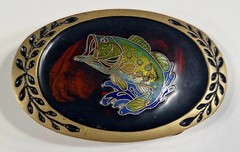 Vintage Solid Brass Bass Fishing Sport Belt Buckle Colorful Amber Green
