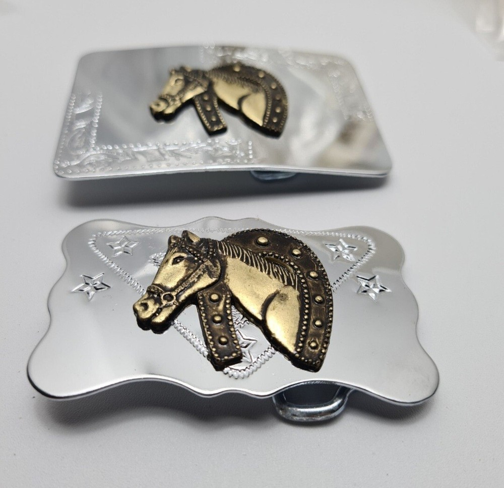 2 Stainless Steel Gold tone Horses Western Belt Buckle 2D design 🔥