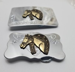 2 Stainless Steel Gold tone Horses Western Belt Buckle 2D design 🔥