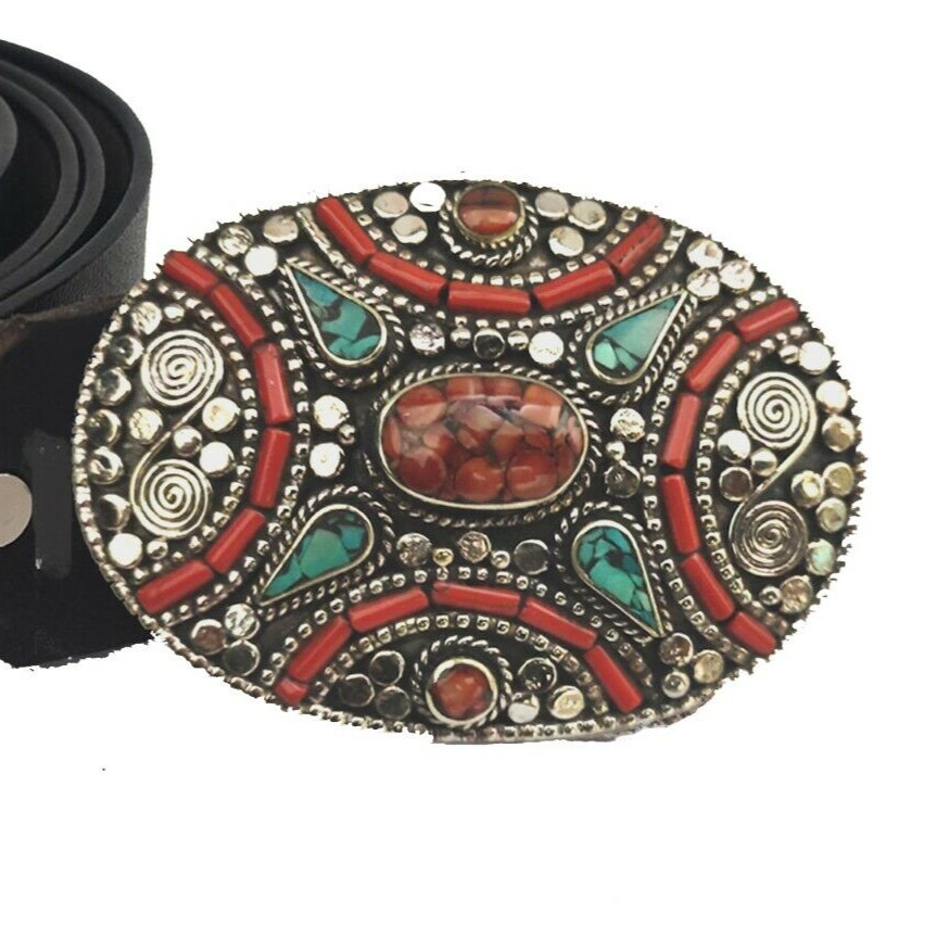 Tibetan Silver Belt Buckle waist trap Turquoise Coral Clasp, BBF