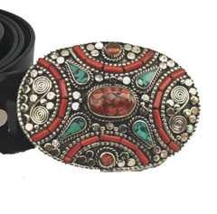 Tibetan Silver Belt Buckle waist trap Turquoise Coral Clasp, BBF