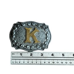 Vintage WMG Western Belt Buckle Initial K Cowboy Rodeo Floral Scroll Rope Edge
