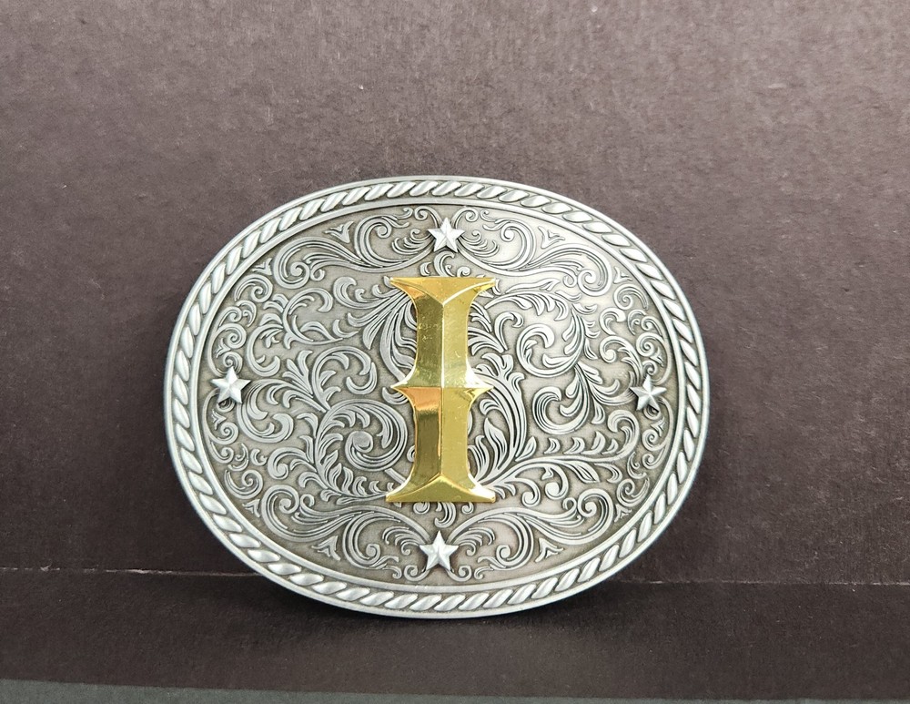 Western Belt Buckle Initial Letter I Two Tone Pewter And Gold Oval