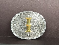 Western Belt Buckle Initial Letter I Two Tone Pewter And Gold Oval
