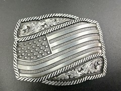 Waving American Flag Patriotic Silver Color Rope Border Western NOS Belt Buckle