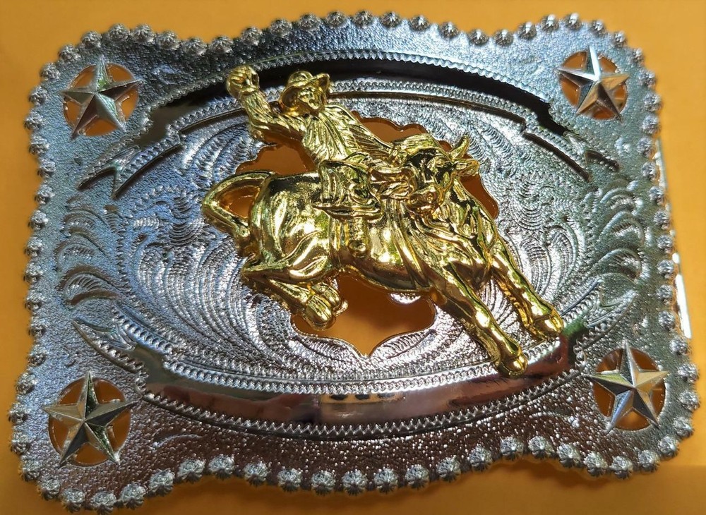 BULL RIDE RODEO ANIMAL LONG SILVER GOLD RODEO COWBOY WESTERN SHINE BELT BUCKLE