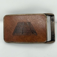 Vintage Tennis Court Belt Buckle Brass Tone Leather Inlay Jim Tait Engraving 70s