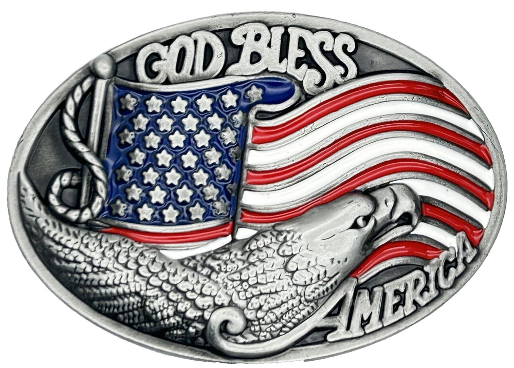 Patriotic Eagle & USA Flag God Bless America Enameled Belt Buckle New
