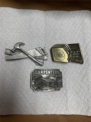 Three Vintage Carpenter Related Belt Buckles, Stanley, Tools, etc